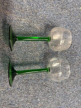 Set of 2 Green Stem Crackle Glass Wine Goblets